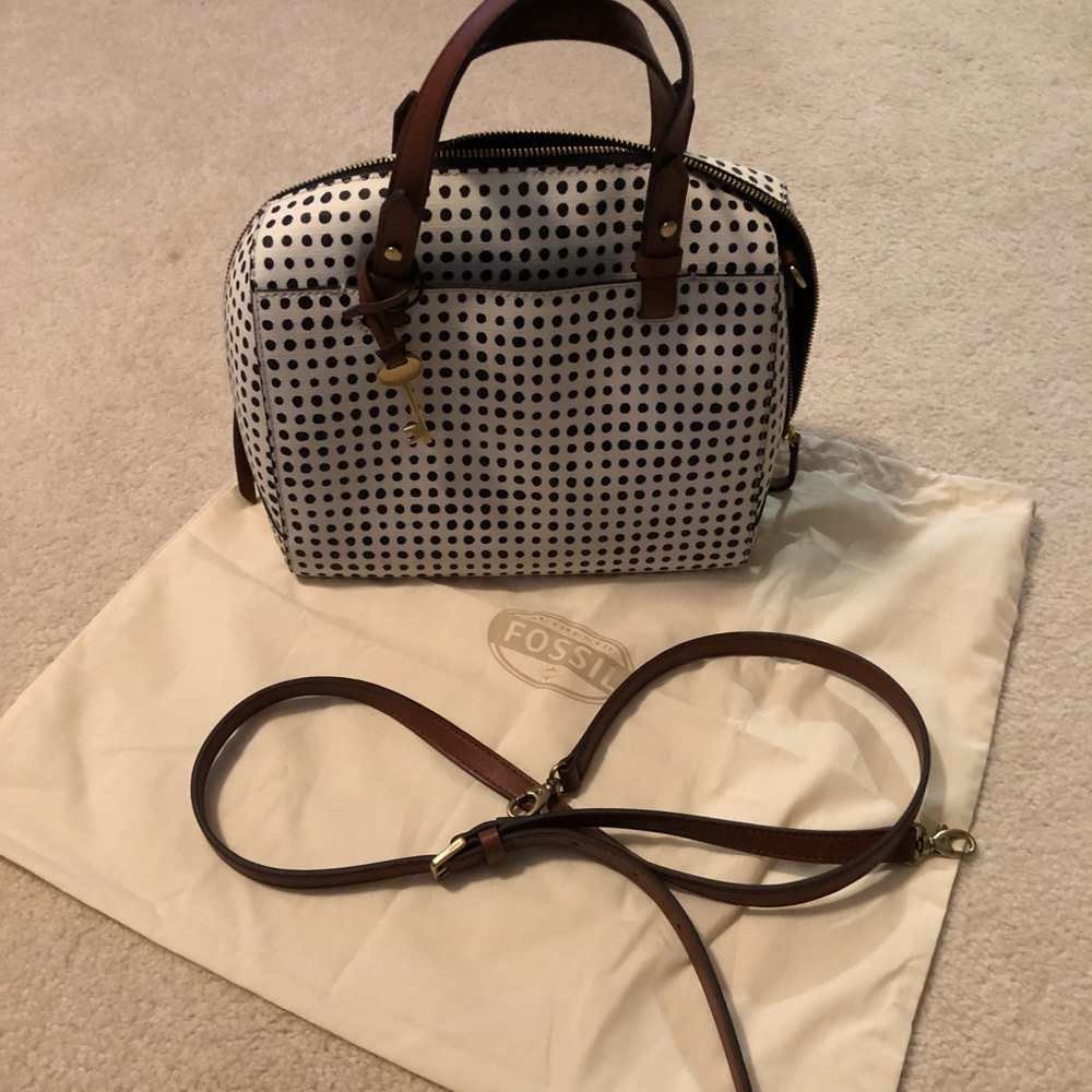 Fossil Rachel Satchel White with Black Dots